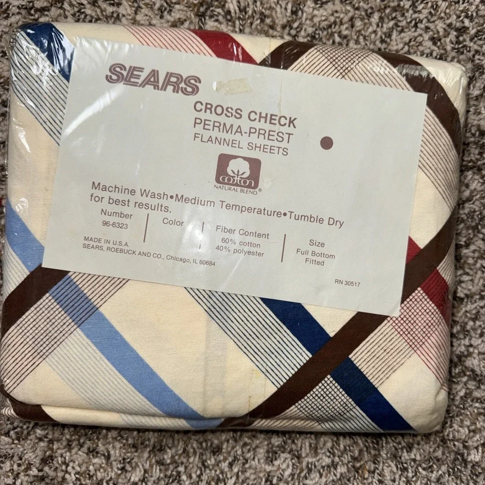 Sears Perma-Prest Flannel‎ Sheet Full Size Fitted & Flat Cotton/Poly Blend USA